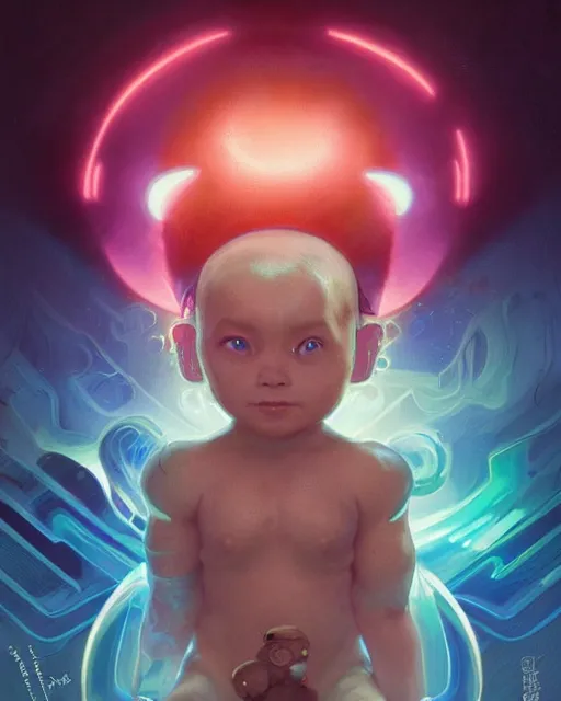 Prompt: one signular portrait of a cute bioluminescent baby creature with big glowing eyes, highly detailed, digital painting, cinematic, hyper realism, dark retrowave, art by Stanley Lau and Artgerm and magali villeneuve and Alphonse Mucha, artstation, octane render, cgsociety