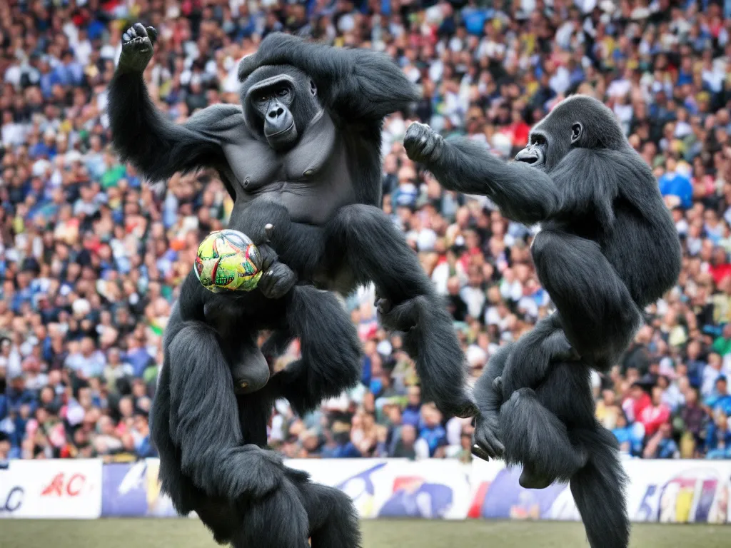 Prompt: a gorilla jumping to head the ball on a corner kick, vivid