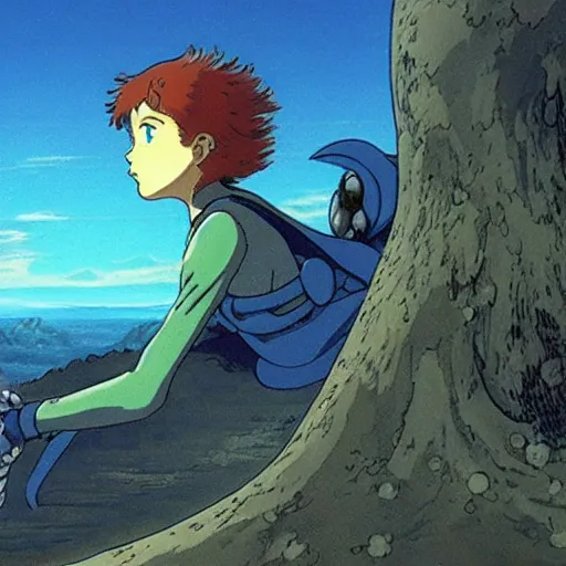Prompt: beautiful frame, anime nausicaa from the valley of the winds, titans