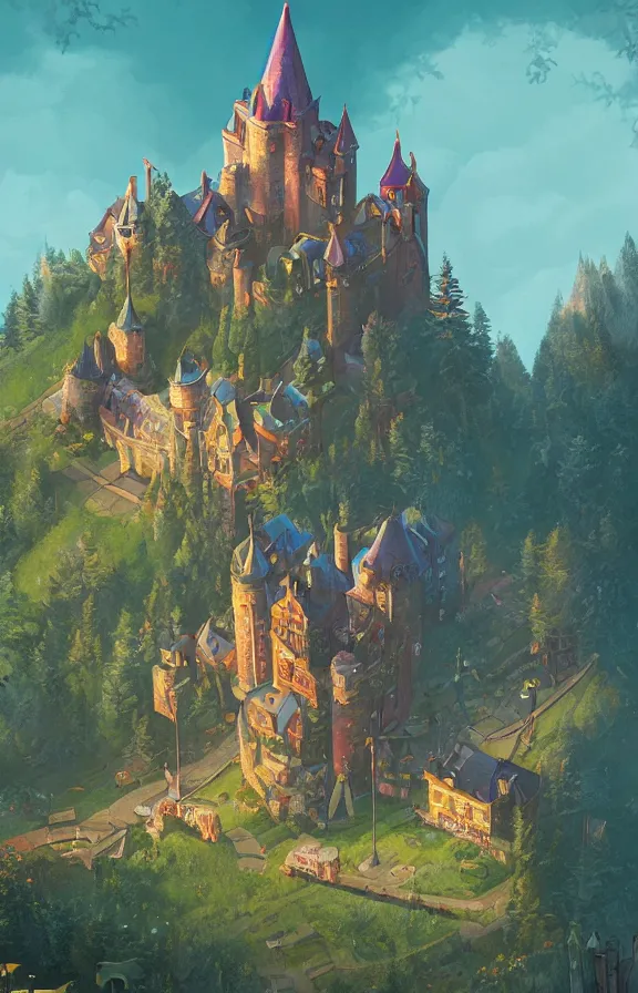 Image similar to magical castle school on a hill, dreamworks, sharp focus, zoomed in, highly detailed, simon stalenhag, print, game art