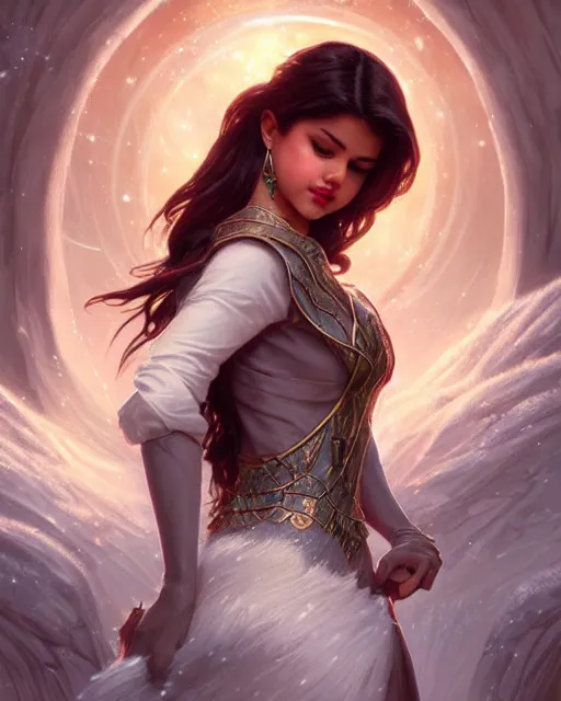 Prompt: Selena Gomez casting an frost spell, D&D, fantasy, intricate, elegant, highly detailed, digital painting, artstation, concept art, matte, sharp focus, illustration, hearthstone, art by Artgerm and Greg Rutkowski and Alphonse Mucha