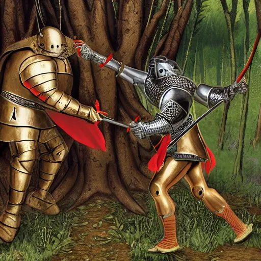 Prompt: A medieval knight fighting an ogre in the forest, realistic illustration