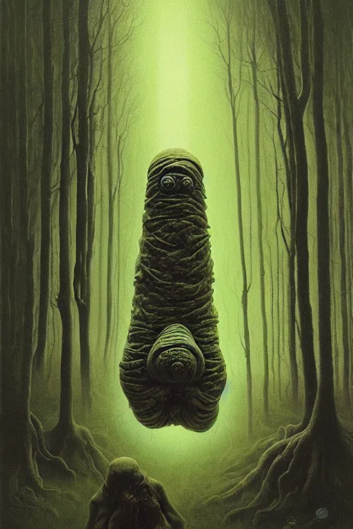 Prompt: painting of eldritch giant tardigrades striking a terrifying pose, scene inside forest, by zdzislaw beksinski, by dariusz zawadzki, by wayne barlowe, gothic, surrealism, cosmic horror, lovecraftian, cold hue's, warm tone gradient background, concept art, beautiful composition