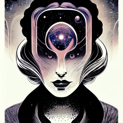 Prompt: cosmic portrait top light, by killian eng and joe fenton and martin deschambault and conrad roset, inspired by victorian vertigo comics, etching, fine, sharp high detail,