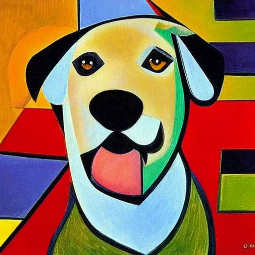 Prompt: cubism painting of a white golden retriever by picasso