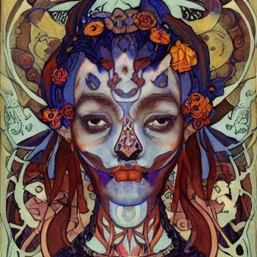 Prompt: the bone crown, by Annie Swynnerton and Nicholas Roerich and (((Diego Rivera))) and (((Edmund Dulac))), bioluminescent skin, floral tattoos, goth costume, geometric ornament, symbolist, rich colors, dramatic lighting, smooth, sharp focus, extremely detailed