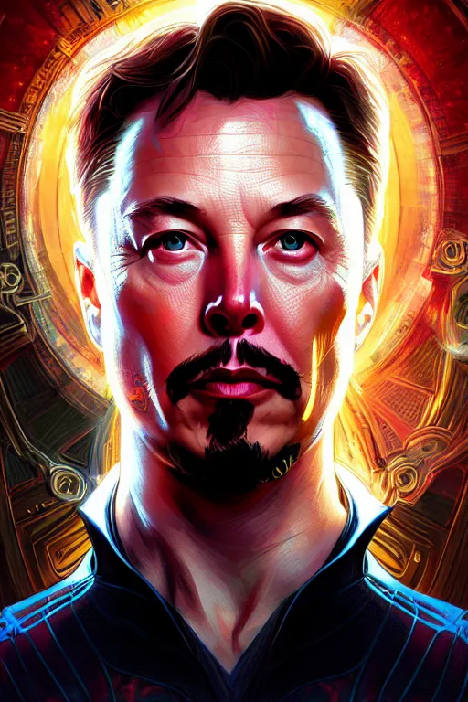 Image similar to elon musk as dr strange, realistic portrait, symmetrical, highly detailed, digital painting, artstation, concept art, smooth, sharp focus, illustration, cinematic lighting, art by artgerm and greg rutkowski and alphonse mucha