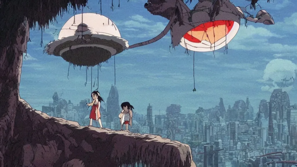 Image similar to a cell shaded cartoon movie still from princess mononoke ( 1 9 9 7 ) showing a ufo from independence day ( 1 9 9 6 ) hovering in the air above a city. very dull muted colors, hd, 4 k, hq