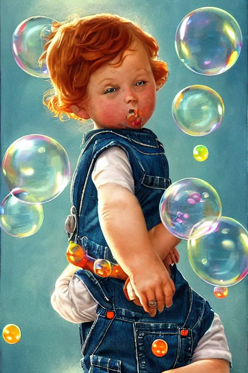 Image similar to a little boy with very short ginger hair wearing denim overalls chasing bubbles. clean elegant painting, beautiful detailed face, lots of bubbles. by norman rockwell and artgerm and greg rutkowski