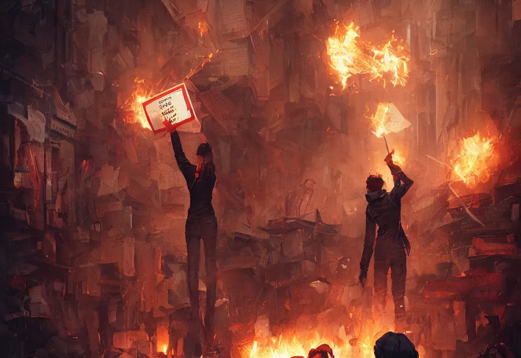 Image similar to angry protester holding placard, detailed digital illustration by greg rutkowski, fire, android netrunner