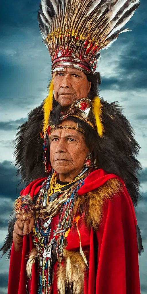 Image similar to portrait of inca king in 1 4 1 8, pacha kutiq inka yupanki. gold jewelry, old headdress with feather, with a red cape. unreal 5, hyper realistic, realistic, photo realistic, dynamic lighting, highly detailed, cinematic landscape, studio landscape, studio lighting