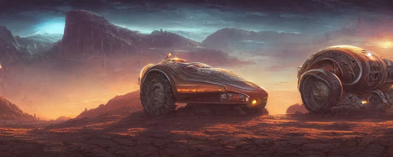 Image similar to cinematic vehicle in retro scifi landscape, beautiful colours, sharp textures, nikolay georgiev, alex ross, bruce pennington, donato giancola, larry elmore, masterpiece, oils on canvas, trending on artstation, featured on pixiv, cinematic composition, sharp, details, hyper - detailed, hd, hdr, 4 k, 8 k