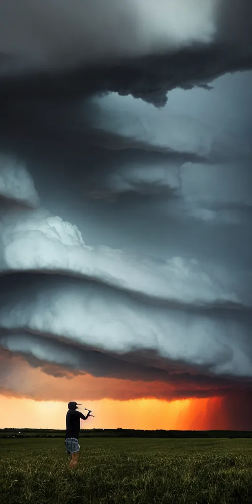 Image similar to a man resting smoking a joint at the end of the world, a supercell storm dark and brooding far away in the distance, open farming fields the foreground during sunset, by stephen king, storm of all storms, end of the world, nature, cinematic, hyperrealistic, evil, dark, cgsociety, 8 k