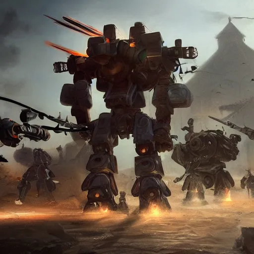 Prompt: Ragtag militia fighting advanced combat robots in a village, combat photography by Feng Zhu, highly detailed, excellent composition, cinematic concept art, dramatic lighting, trending on ArtStation