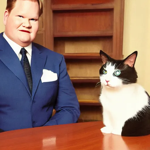 Image similar to Andy Richter wearing a blue dress shirt, necktie, navy dress pants sitting in a chair petting a calico cat