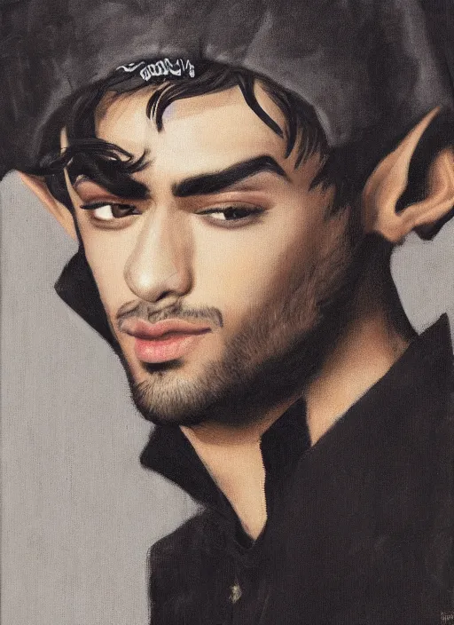 Image similar to portrait of zayn malik as an elf by charles angrand, only one head single portrait, pointy ears, wearing a black leather collared jacket