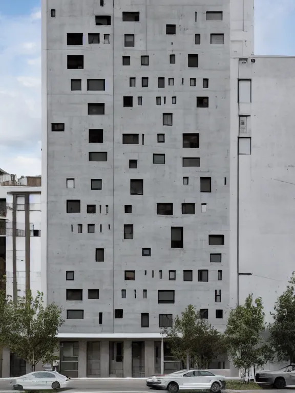 Prompt: low - cost concrete - paneled five - storied apartment building