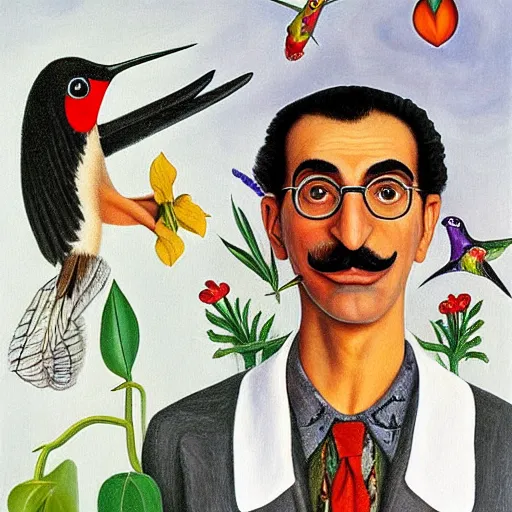 Image similar to painting Self-Portrait of groucho marx with Thorn Necklace and Hummingbird by Frida Kahlo