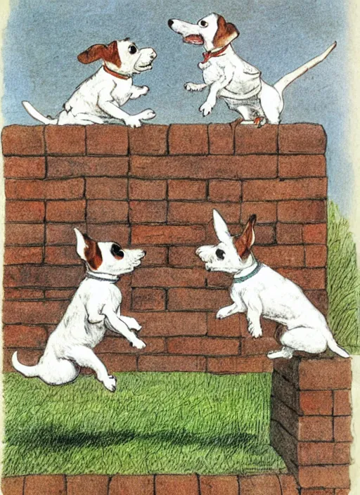 Prompt: jack russel terrier jumping on brick structure, illustrated by peggy fortnum and beatrix potter and sir john tenniel