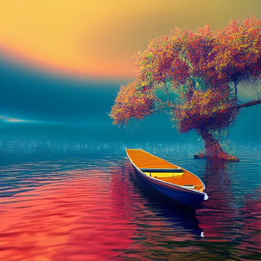 Prompt: boat on a river With tangerine trees and marmalade skies, psychedelic, octane render, 4K