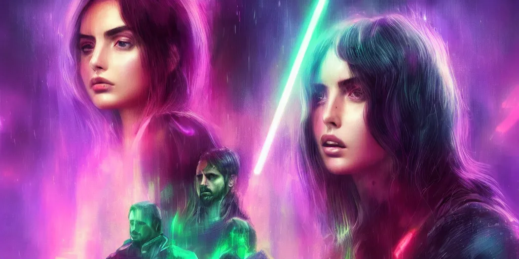 Image similar to beautiful Ana de Armas, blade runner 2049, long flowing hair, trending on artstation, unreal engine, purple neon, green rain, matte painting