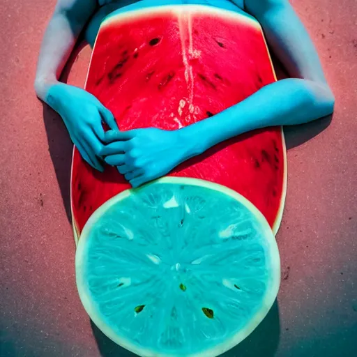 Image similar to cinematic photo of a beautiful albino watermelon woman lit with saturated split colour blue and dusty pink lighting sunbathing by the pool