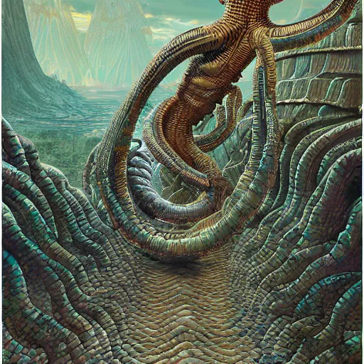 Image similar to desert river serpentine crinoid monster with reptilian iridescent tile scales, maximalist art nouveau, cgsociety, artstation by gustave dore and tyler edlin