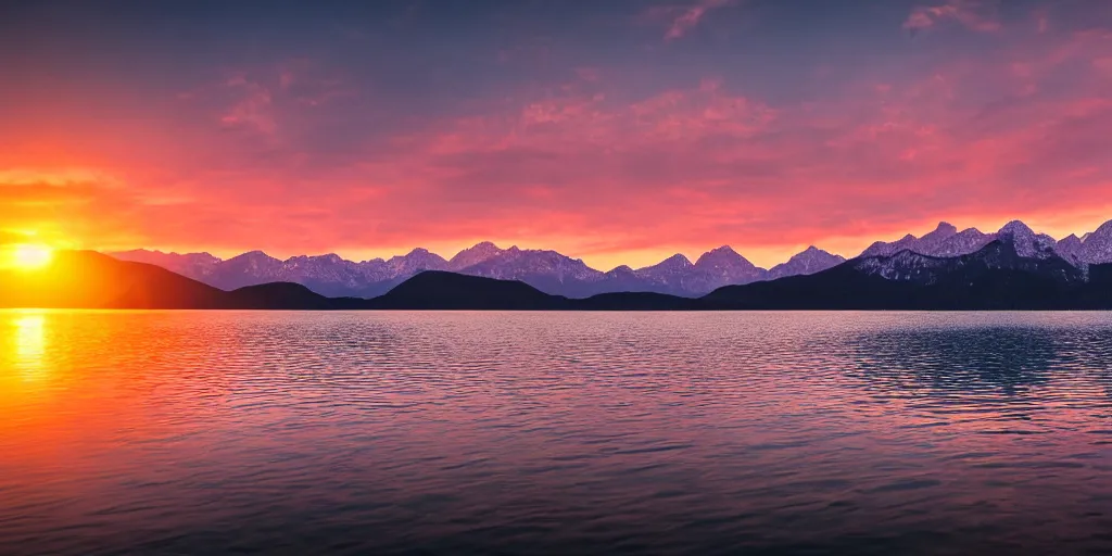 Prompt: photo of a sunset on a lake with mountains in the background, landscape, beautiful, elegant, award winning photograph, highly detailed, high resolution photo, trending on artstation, 4 k