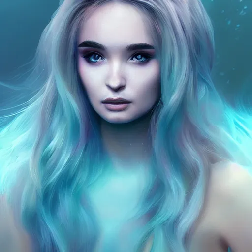 Image similar to A mesmerizing ethereal oceanic portrait of Kim Petras, splash art, dispersion art, natural light, sunlit, hyperdetailed, artstation, cgsociety, 8k