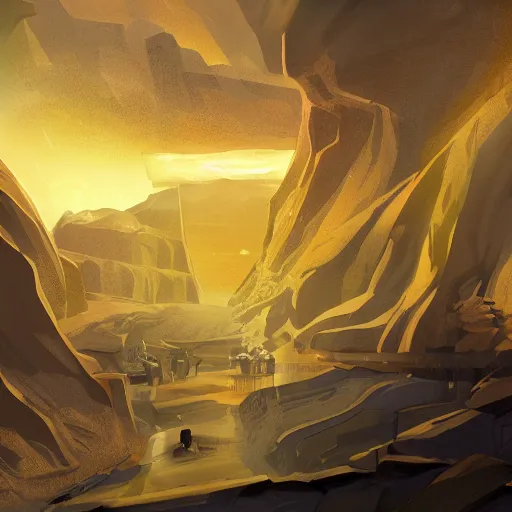 Image similar to mining for golden ideas, concept art, matte painting, flat colors.