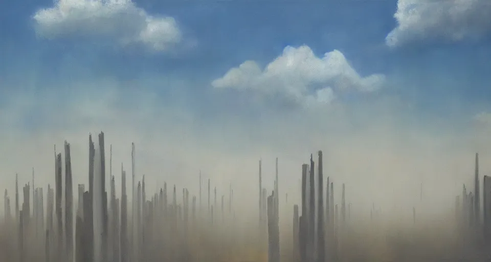 Image similar to world of only concrete, a flat endless plane of concrete covered in thin, very tall concrete pillars that go on to the horizon, vegetation retaking the world, open sky, blue sky with clouds, god rays, beautiful painting, oil on canvas, by Ewa Czarniecka, award winning masterpiece,