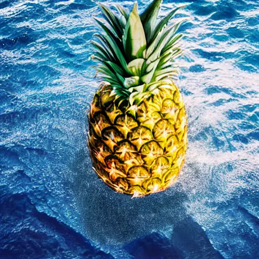 Image similar to a pineapple floating in the middle of the ocean, realistic, beautiful lighting