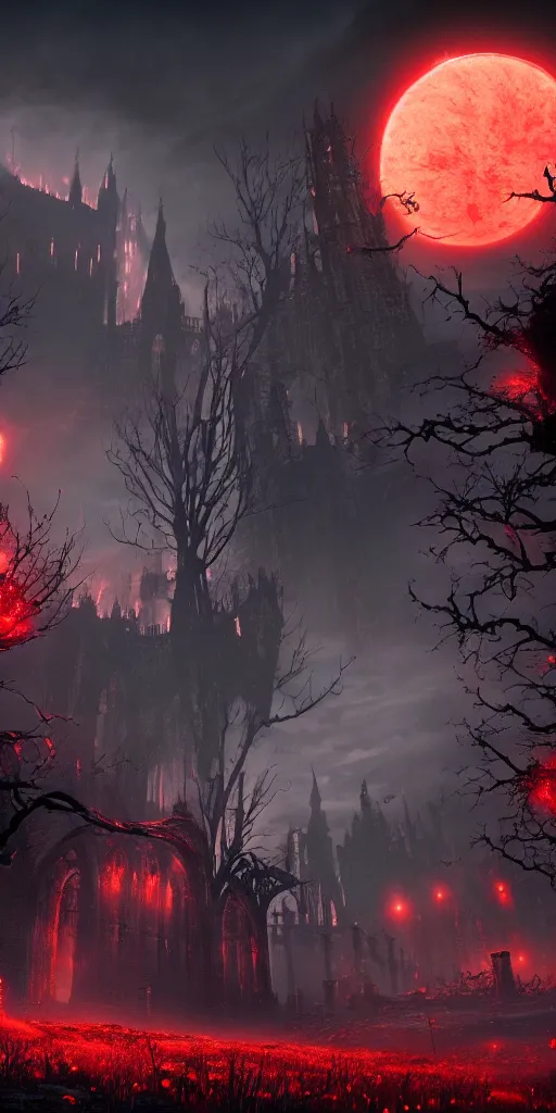 Image similar to abandoned bloodborne old valley with a obscure person at the centre and a ruined gothic city in the background, trees and stars in the background, falling red petals, epic red - orange moonlight, perfect lightning, wallpaper illustration by niko delort and kentaro miura, 4 k, ultra realistic