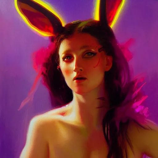 Prompt: painted close - up portrait of a neon sensual bunny girl. oil painting, wearing neon attire, fantasy art by greg rutkowski and john singer sargent and gaston bussiere, demon noble character design