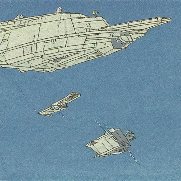 Prompt: 1 9 9 0 studio ghibli animation cel still from nausicaa of the valley of the wind of a star destroyer spewing out tie fighters