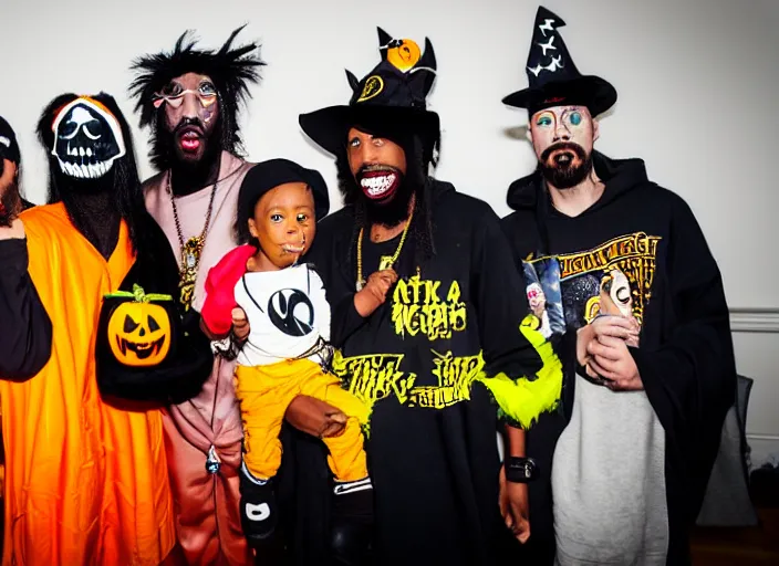 Image similar to dslr photo still of odb of wu tang clan trick or treating on halloween, 4 k, 1 2 0 mm f 1 6