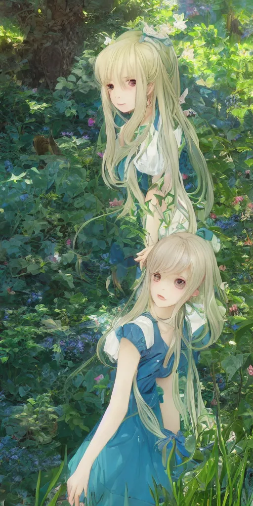 Image similar to a digital art of a loli with long hair in a dress in the privet garden at after noon, green and blue and warm theme, back lighting, highly detailed, 4 k resolution, trending on art station, elegant, depressed, by krenz cushart and mucha and akihito yoshida and greg rutkowski and makoto shinkai