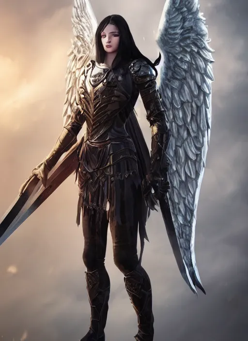 Image similar to An epic fantasy comic book style portrait painting of a pale girl with long black hair, she is wearing a knight armor, white angel wings, holding a sword, Unreal 5, DAZ, hyperrealistic, octane render, cosplay, RPG portrait, dynamic lighting