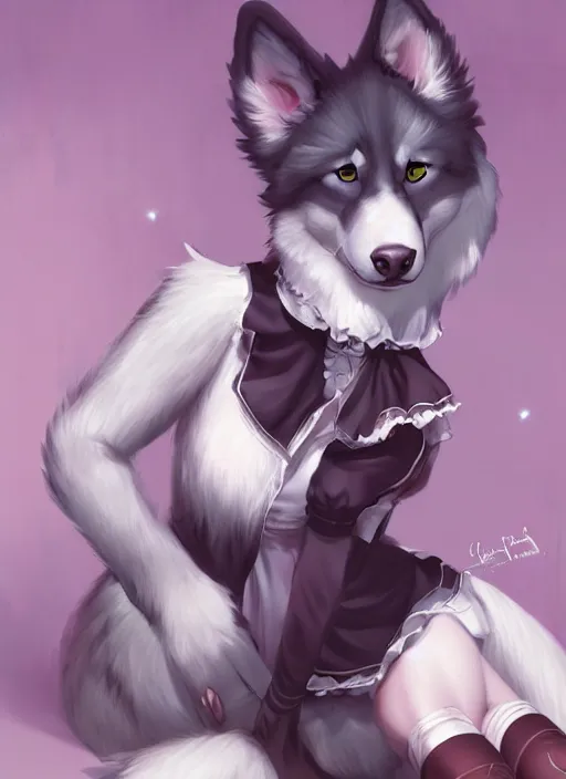 Image similar to beautiful portrait commission of a cute furry anthro husky dog fursona french maid clothes in a cozy home. character design by charlie bowater, ross tran, artgerm, and makoto shinkai, detailed, inked, western comic book art