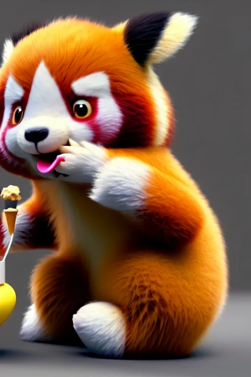 Prompt: high quality 3 d render hyperrealist very cute pastel happy red panda & koala hybrid stuffing mouth with ice cream, vray smooth, in the style of detective pikachu, very dramatic light, low angle, uhd 8 k, shallow depth or field