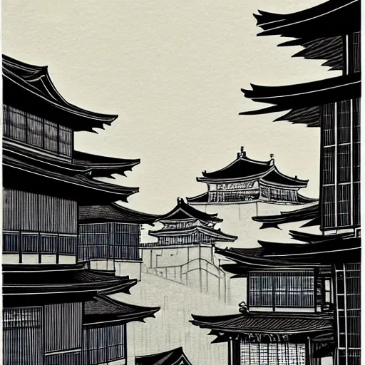 Image similar to a beautiful ink painting of buildings in japanese traditional style, in the style of hiroshi yoshida, at night, light effect, detailed, high - definition, exquisite isolated very detailed, moody lighting, 8 k highly detailed, trending on artstation