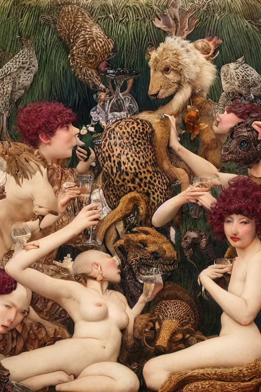 Prompt: a group of animals having a drink together by frantisek kupka, intricate, miles johnston, kuroda seiki, cynical realism, ozabu, john william godward, painterly, yoshitaka amano, moebius, miles johnston, louise zhang, james jean, mark ryden