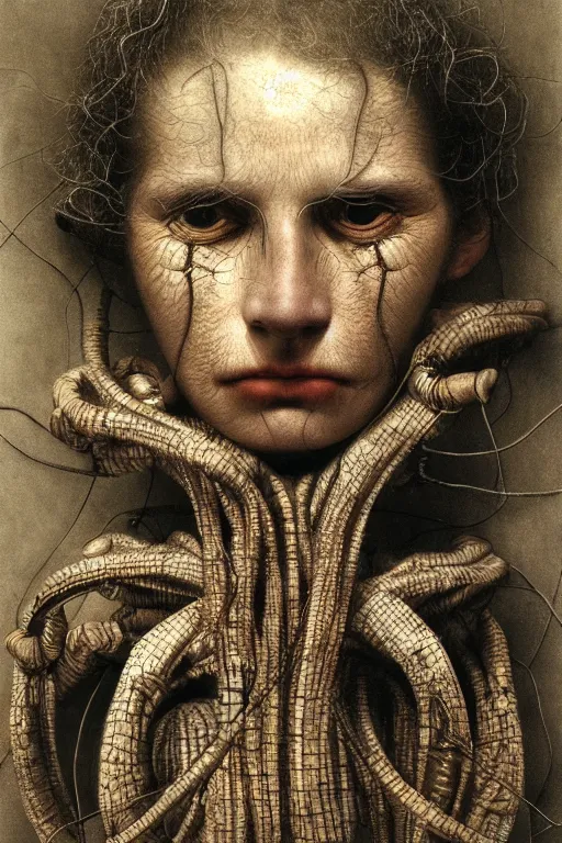 Prompt: beautiful photography biomechanical portrait face with eyes connected with cables to complex machine by alfred stieglitz, wayne barlowe, rembrandt, complex, stunning, realistic skin color, 4 k, high res, awardwinning, masterpiece, realistic lighting