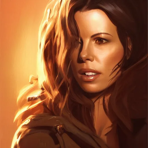 Prompt: closeup portrait of a kate beckinsale, seductive smile, soldier, army chiaroscuro, evil dead,, golden hour, dramatic lighting, complementary contrast, high detail, painted by greg rutkowski, painted by igor kieryluk, trending on artstation