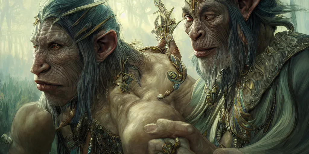 Prompt: hdr portrait photography mirror of fairy orc king versus elvish chimp lord, coherent portraits, mmorpg fantasy, intricate, elegant, highly detailed, egyptian, african, digital painting, trending on artstation, hdr photo, smooth, sharp focus, illustration, art by artgerm and greg rutkowski and alphonse mucha