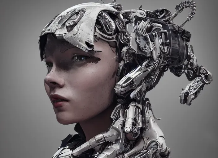 Image similar to portrait of a mecha girl with human tattoos, intricate, octane render, ultrafine detailed, character design, trending on artstation