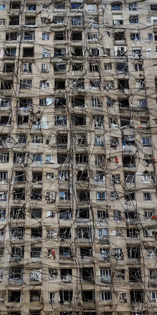 Image similar to Photo of Soviet apartment building, slums, tangled wires