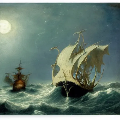 Prompt: moonlit ocean, stars in sky, leviathan attacking pirate ship flying in the sky by peter balke