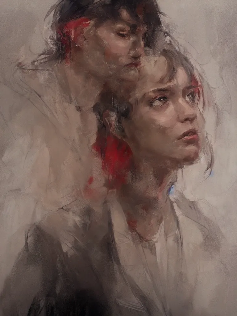 Prompt: spontaneous unfinished romantic portrait underpainting, beautiful juicy brush strokes, alla prima, realist, by richard schmid, trending on cgsociety, red