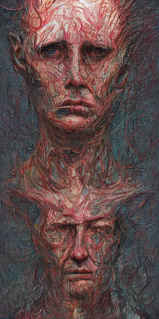 Image similar to portrait of a one man in the style of android jones and zdzislaw beksinski